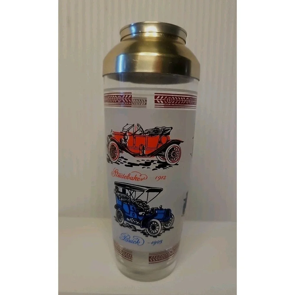 Vintage MCM Hazel Atlas Glass Cocktail Shaker with Various Cars